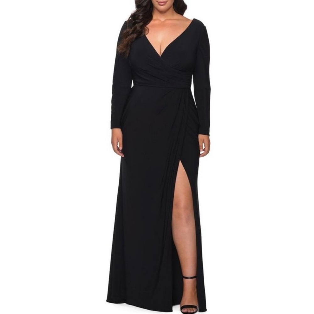 La Femme Black V-Neck Long Sleeve Gown